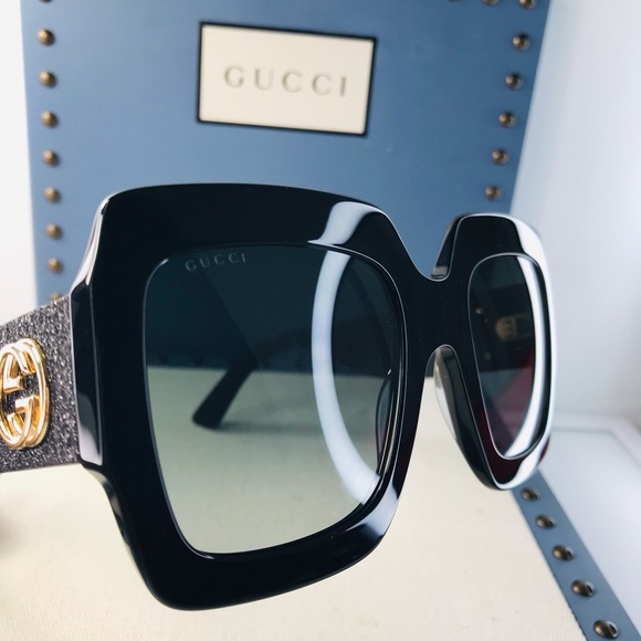 💯 - New authentic- Gucci Black Gg0102s - 001 Oversized Glitter Sunglasses - Picture 8 of 14